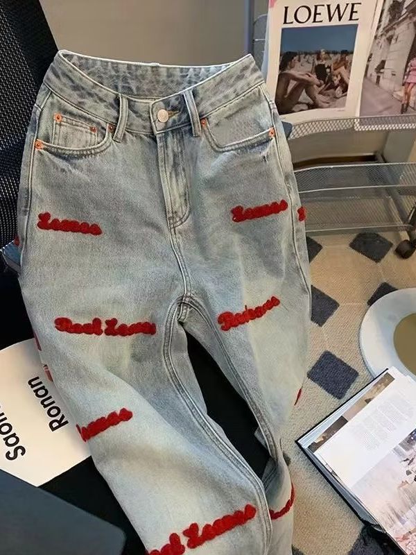 American Style High Street Vintage light blue High Waist Straight Jeans Women's All-match Embroidered Design Sense Casual Wide Leg Loosen Pants