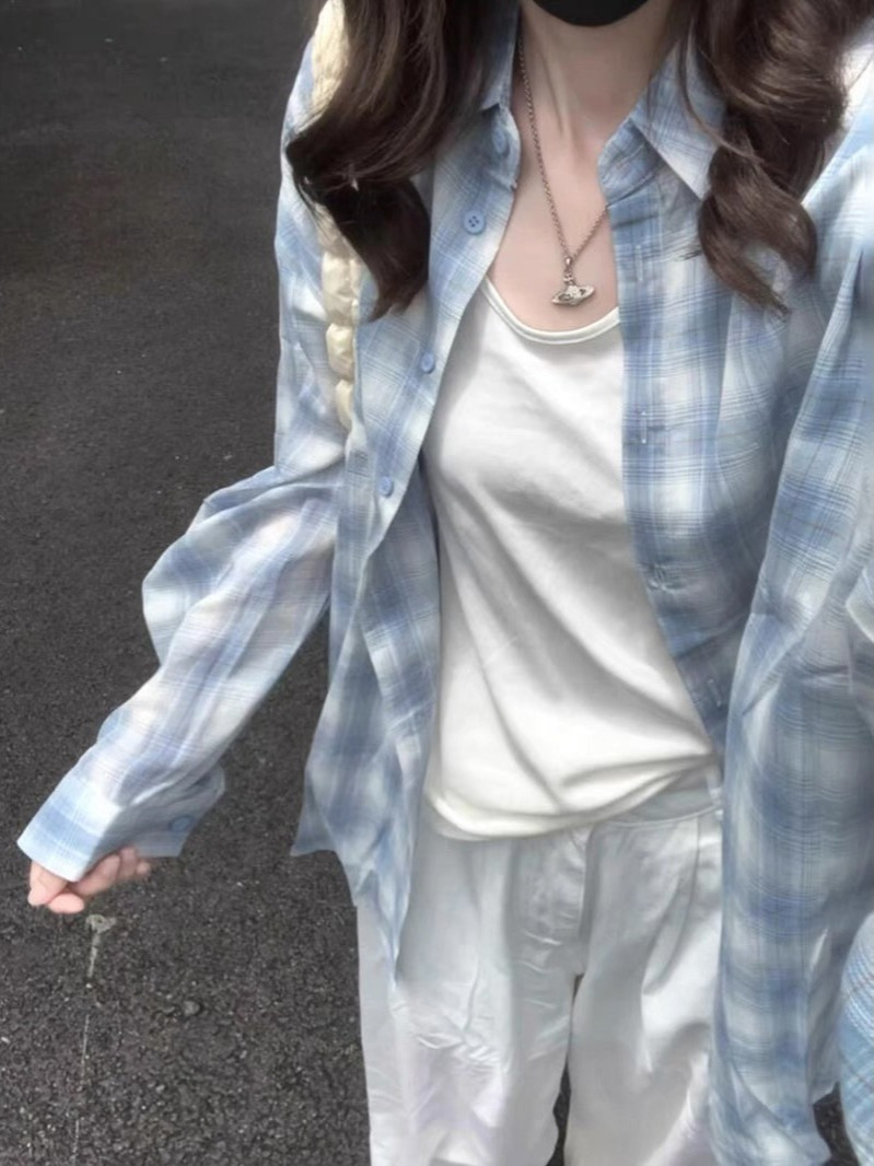 Retro Pink Plaid Shirt Jacket Design Casual New Sun Protection Loose Cardigan Lazy Top Long-Sleeved Shirt