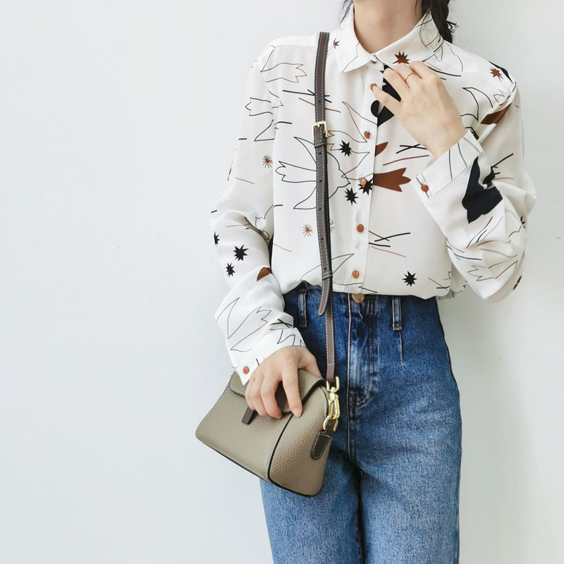 Picture of Clearance French Style Elegant Swallow Print Long Sleeve Silk Crepe-de-Chine Shirt Women's Commuter OL Mulberry Silk Shirt Mid-length