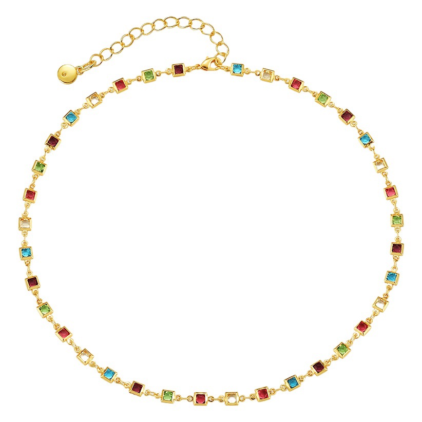 Cross-border export copper plated 18K gold necklace square color zircon fine chain design adjustable ethnic style necklace