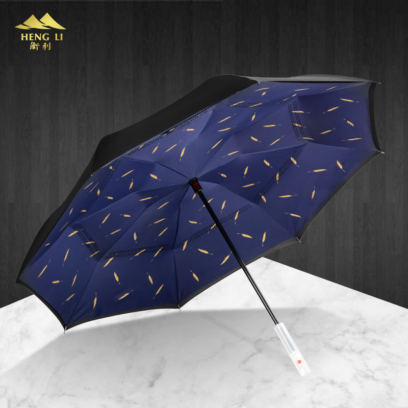 Picture of LED light straight handle reverse umbrella double-layer sun umbrella flip-free reverse umbrella car umbrella logo business gift umbrella