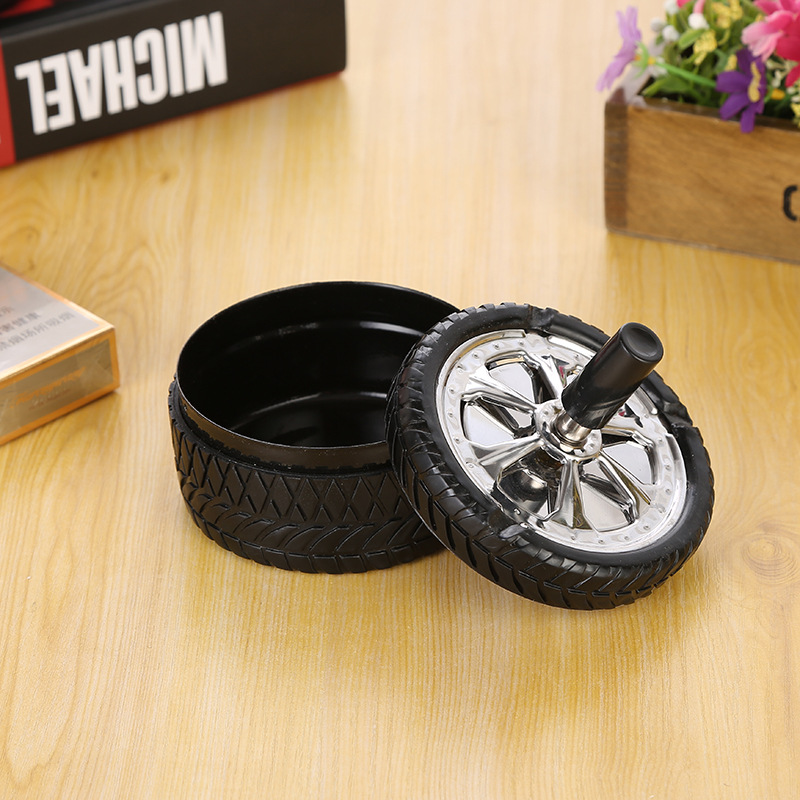 Picture of Covered Push Tire Type Windproof Rotating Practical Smokeless Metal Ashtray Round Stainless Steel