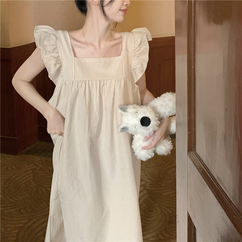 Real Shot of 2025 Spring and Summer New Style Sweet Small Fresh Plaid Loose Comfortable Simple Home Wear Nightgown for Women Wholesale