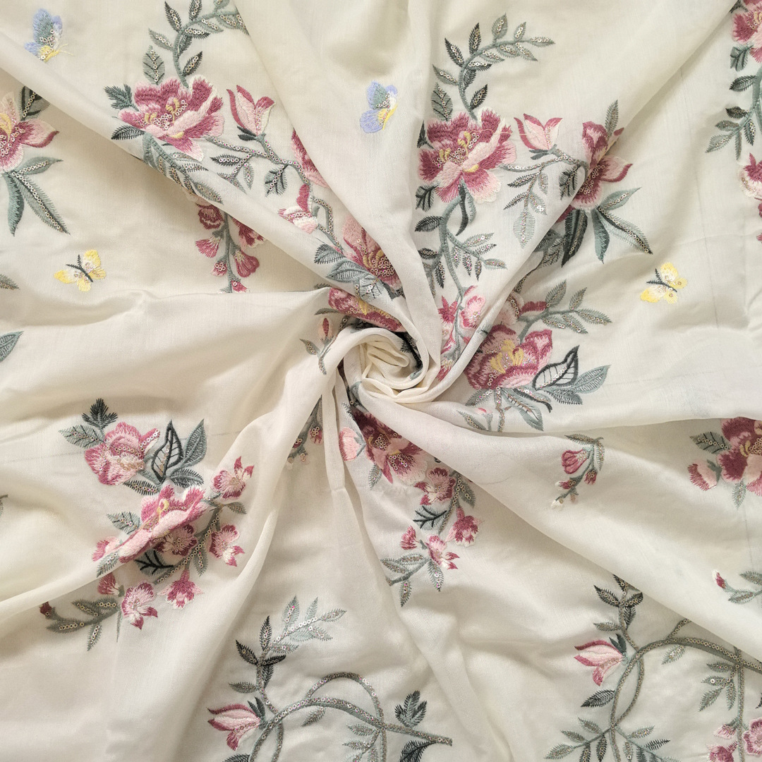 Factory Original Tencel Wrinkle Butterfly Flower Multicolor Embroidered Cloth Golden Sequins Embroidered Fabric Hanfu Skirt Fabric