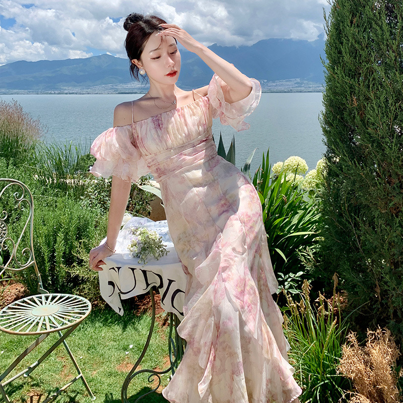 Elegant off-shoulder bubble sleeve chiffon floral strap dress 2023 Summer small design slim dress
