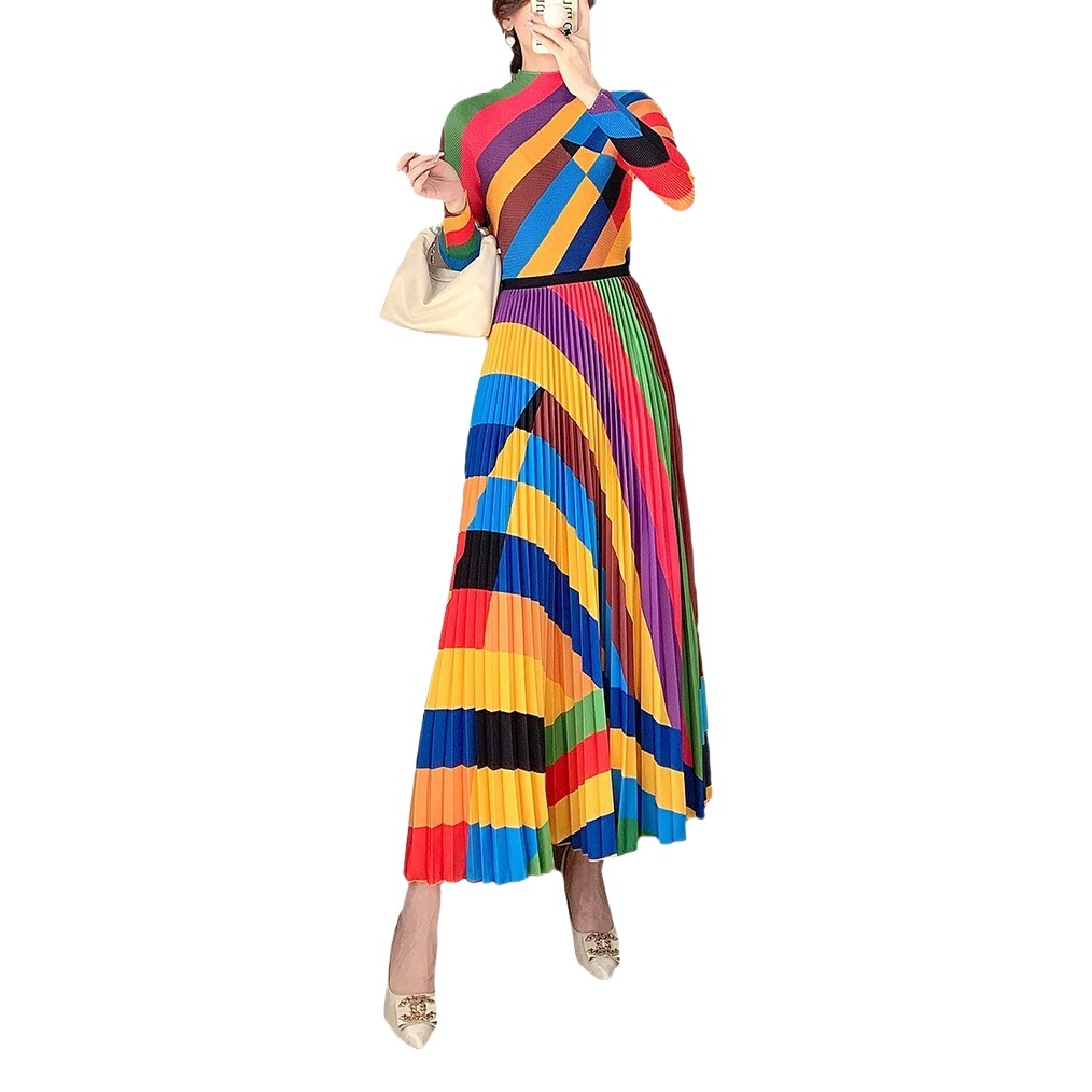 Long pleated skirt suit autumn bottoming shirt fashionable South oil high-end women's clothing European and American Foreign trade two-piece set for women