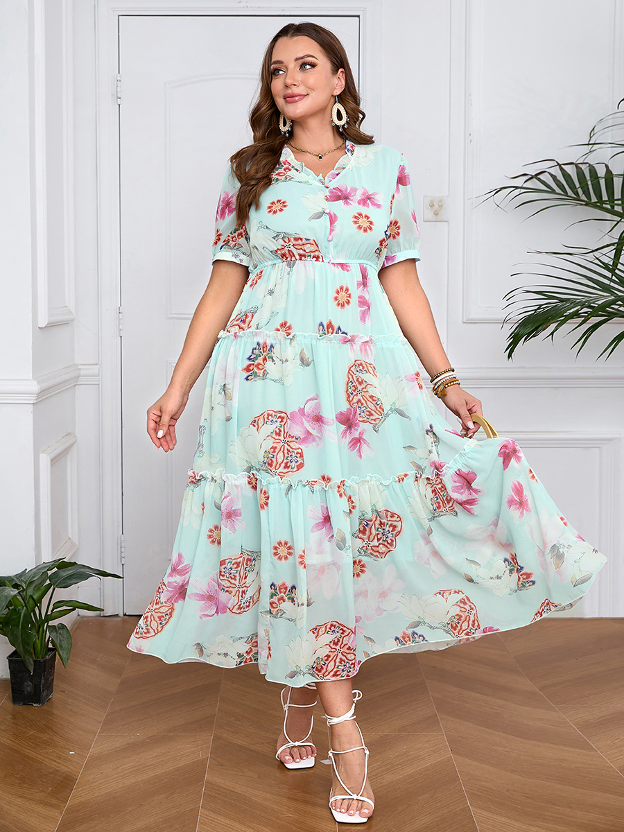 Cross-border French hot-selling socialite plus size dress ruffled Tencel chiffon large skirt 100.00kg wearable