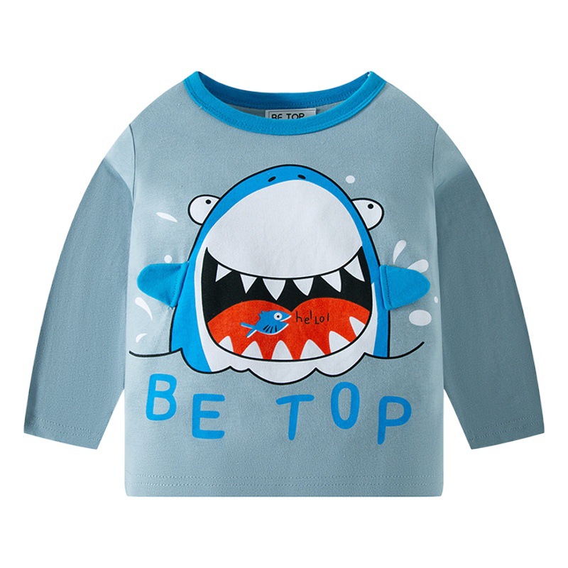 2025 New Cartoon Shark Print Autumn Children's Cotton Bottoming Shirt Round Neck Boys Long Sleeve T-Shirt One Generation