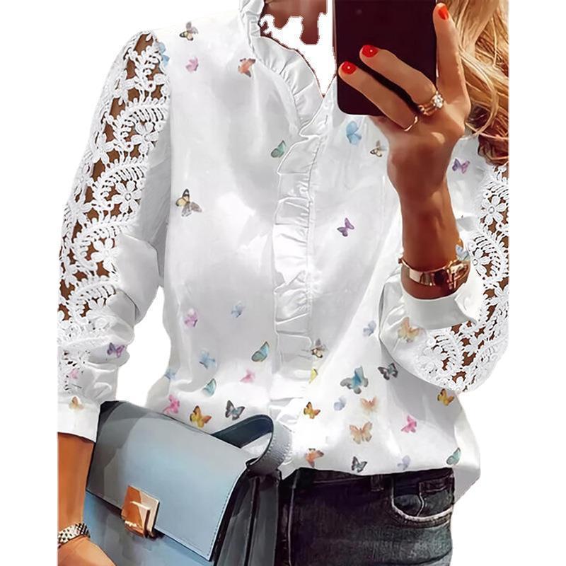 Picture of Cross-border Elegant Elegant Flower Yao Long-sleeved Lotus-leaf Collar regular Blouse