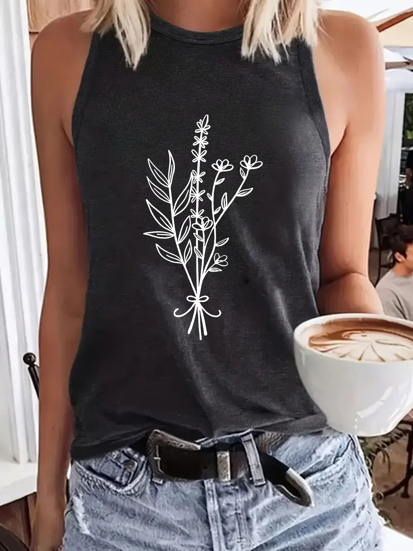 Amazon Hot Selling Plant Flower Print Spring and Summer Sleeveless Top T-Shirt Round Neck Pullover Foreign Trade Vest Women