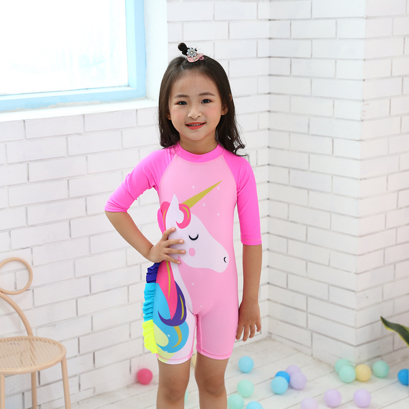 ins Korean Style Children's Swimwear Unicorn Girls' Beach Baby Sunscreen Long Sleeve Girls' Swimsuit