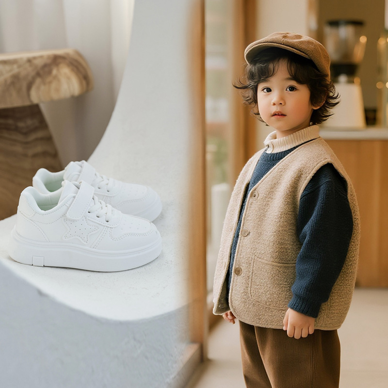 School middle and large children's new shoes, sports shoes season, soft leather, primary school students, casual white shoes, non-skid board shoes, boys