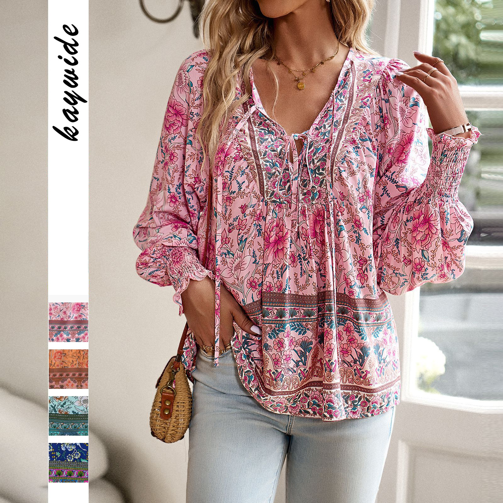 Picture of Kaikuo European and American Cross-Border European Station Amazon Printed Shirt Women's 2025 Autumn Elegant Export V-Neck Long-Sleeved Top