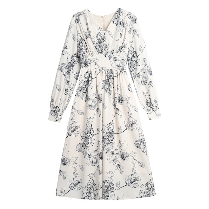 2023 Spring Fleur Satin Vintage V-Neck Printed Elegant Long-Sleeved Dress Early Spring Mid-Length Dress Waisted Floral Dress