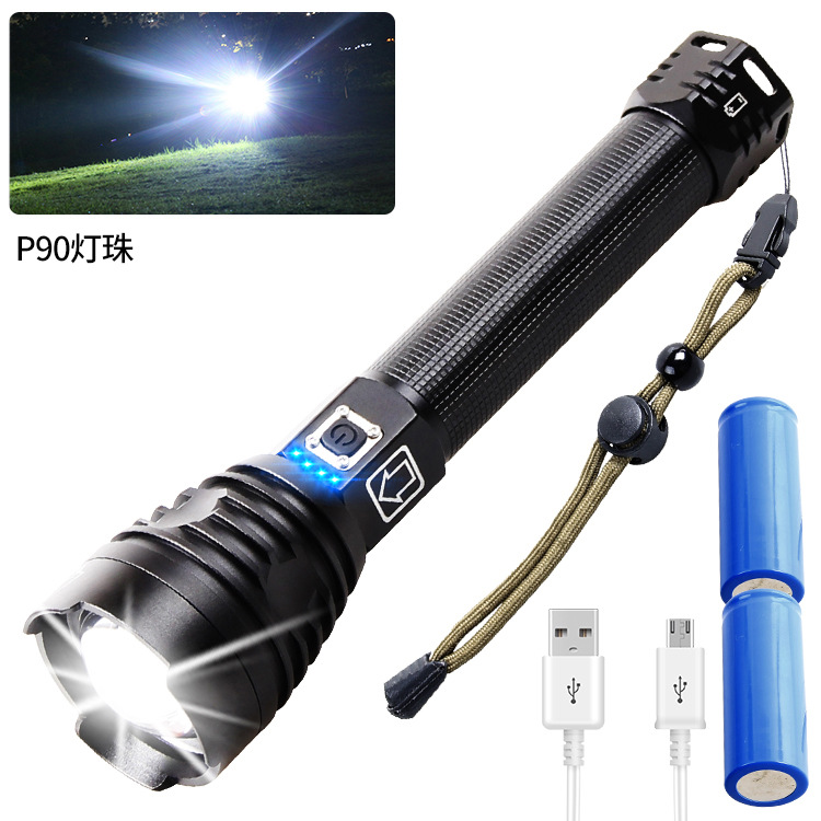 Cross-border XHP90 flashlight USB rechargeable outdoor waterproof power display high-power LED flashlight