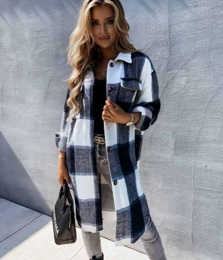 Picture of Cross-border Fashion Plaid Shirt 2021 Autum New Aliexpress Elegant Long Outwear Cardigan Lapel Shirt for Women