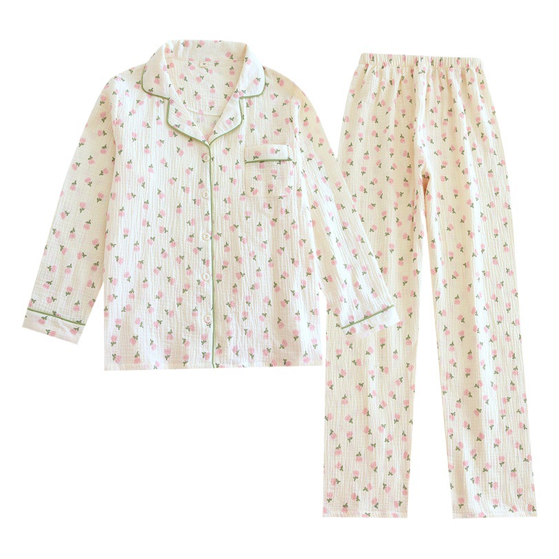 Sweet Little Floral Pajamas Women's Spring and Summer Pure Cotton Gauze Thin Loose Long-sleeved Trousers Home Suit