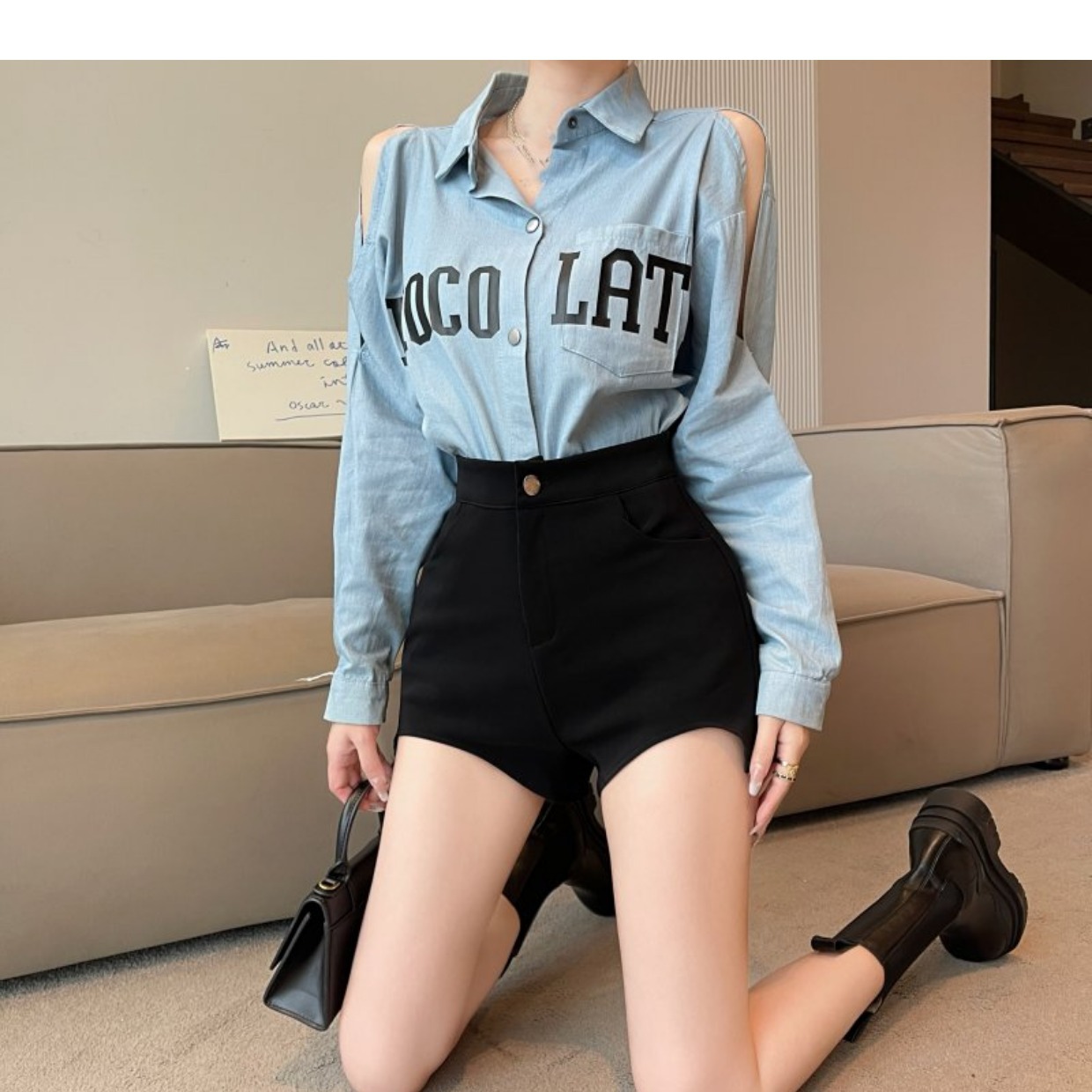 Picture of High Waist Shorts Women's Outer Wearing Spring 2023 New Black A- Shaped Super High Waist Wide Leg Slimming Casual Hot Pants ins Trendy
