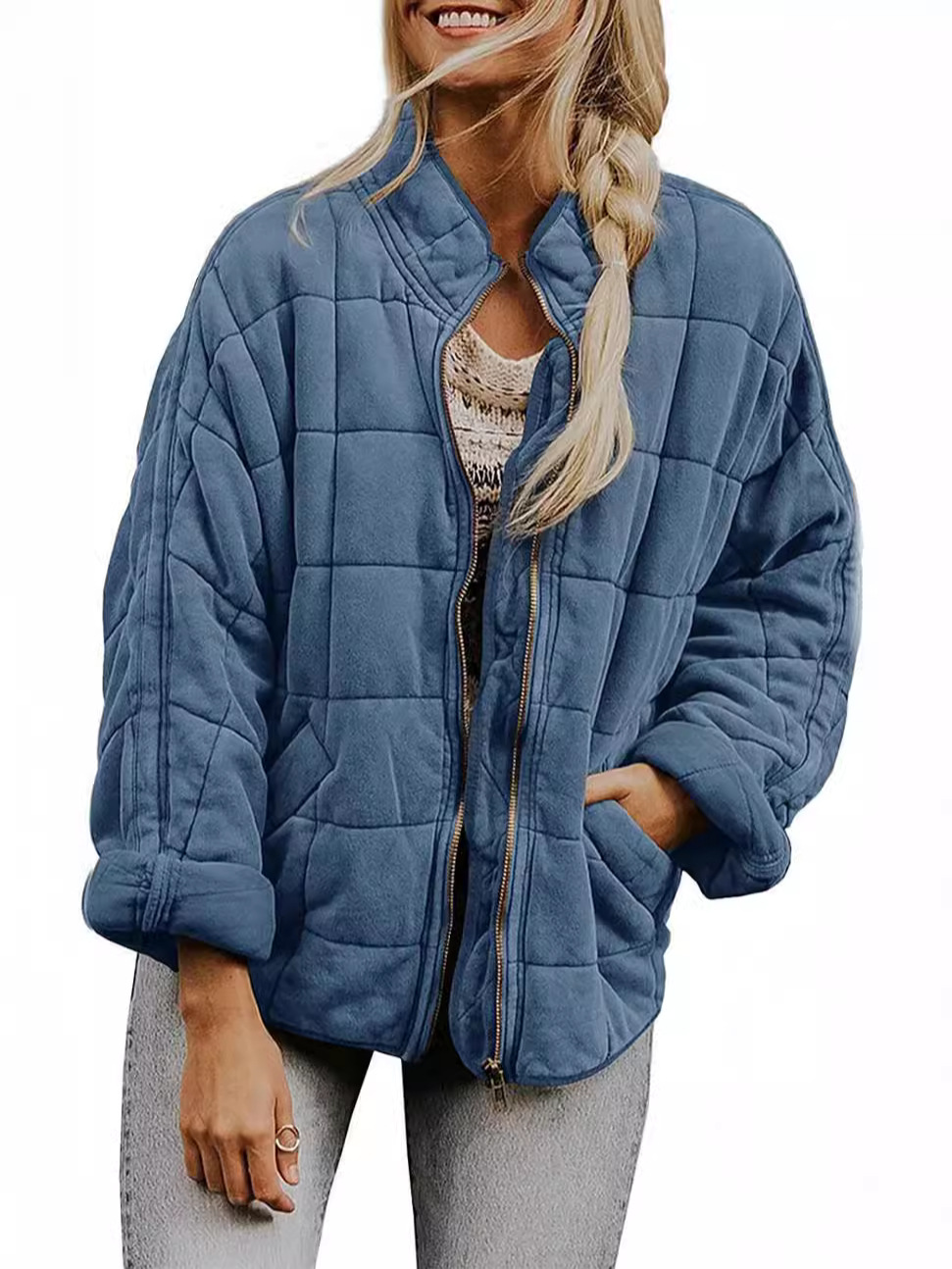 Picture of Cross-border foreign trade Amazon solid color stand collar cotton-padded jacket 2024 European and American women's loose long sleeve pocket jacket