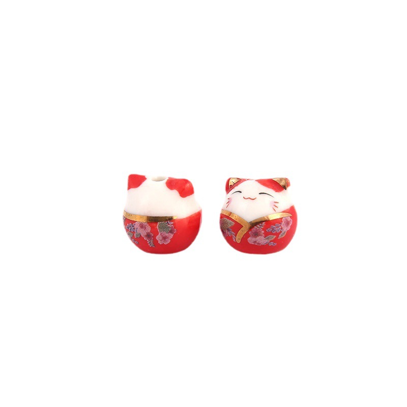 Picture of Japanese-style ceramic lucky cat beaded vertical hole cat pendant jewelry mobile phone chain ceramic cat bracelet DIY loose beads wholesale