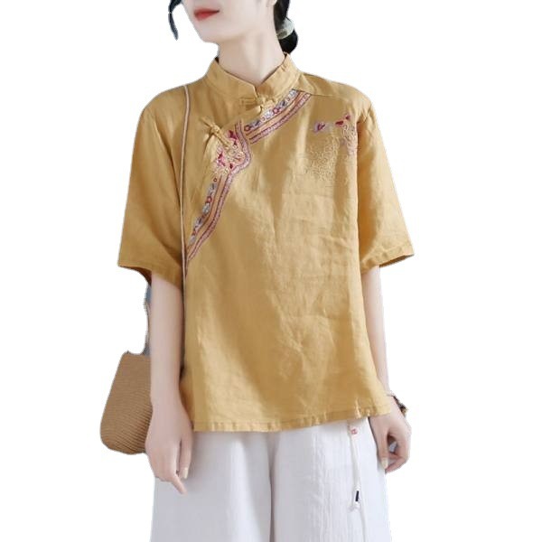 Picture of Cotton Linen Short-sleeved Shirt Women's 2024 Summer New Loose Design Sense Chinese Style Retro Buckle Embroidered Top Trendy