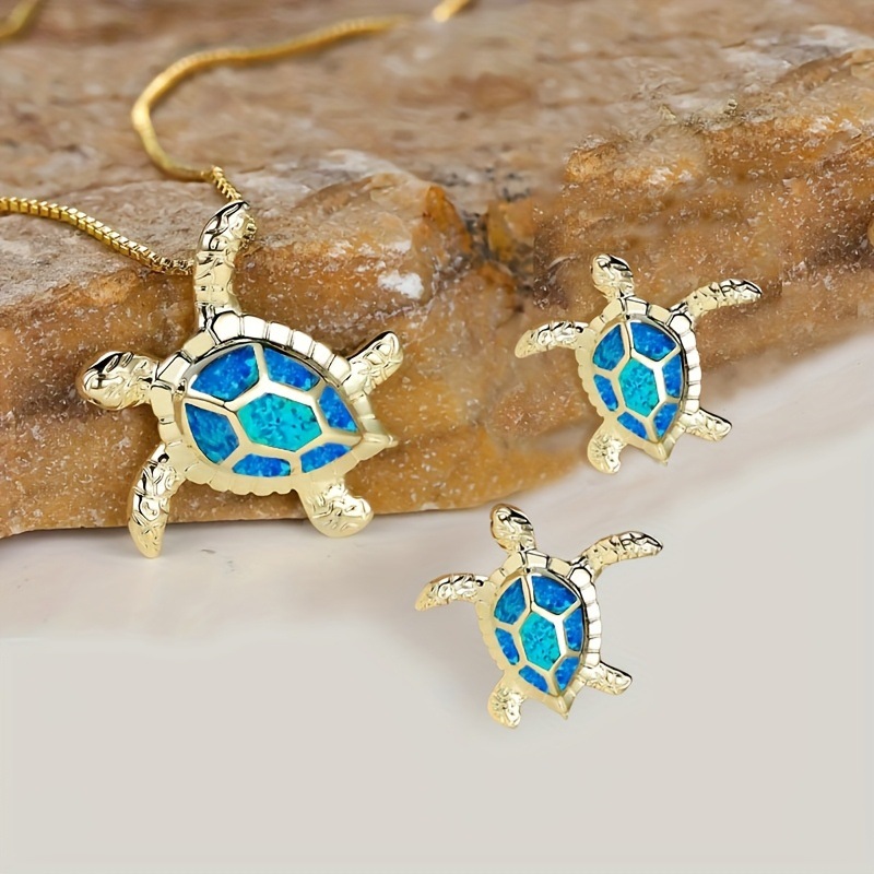 Cross-border new cute little turtle pendant necklace imitation Opal turtle earrings small animal jewelry suit wholesale