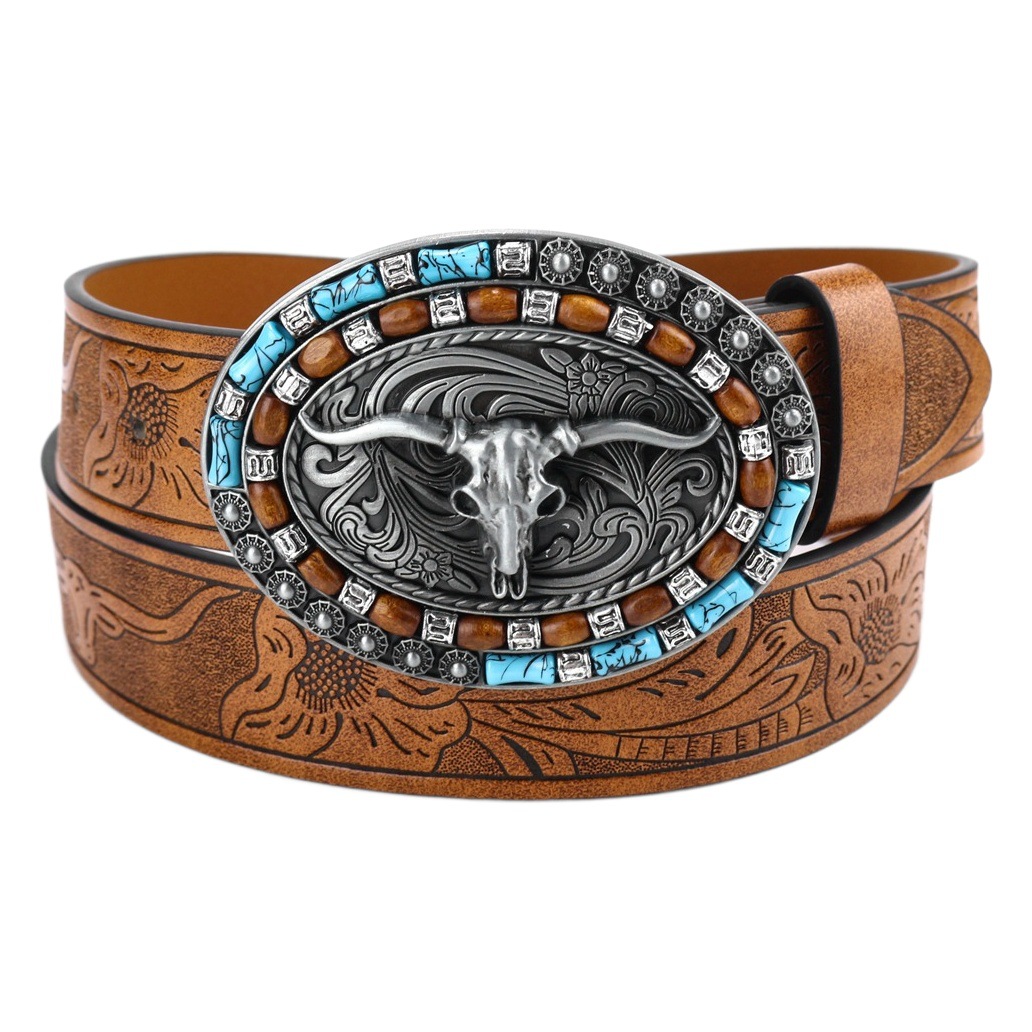Cross Border Western Denim Belt Ngau Big Plate Buckle Trendy Retro Youth Retro Men's Punk Leather Belt