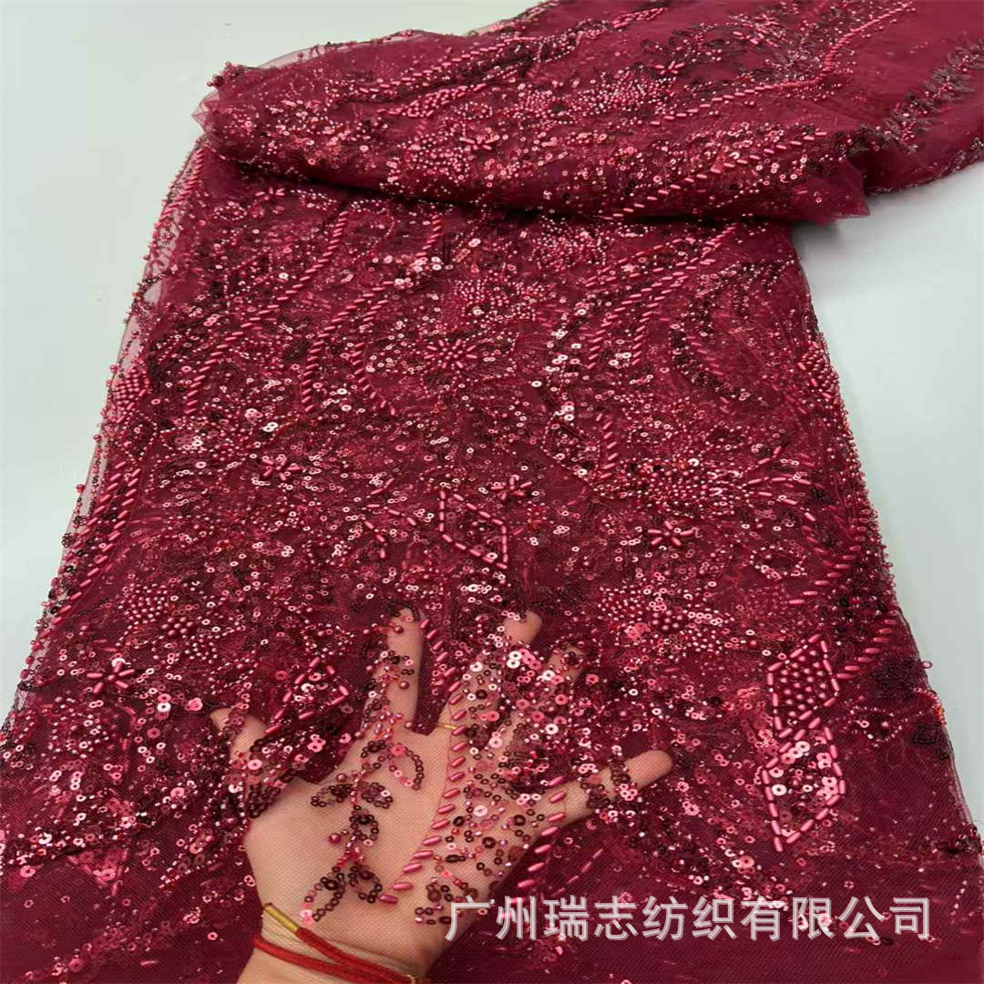 Picture of Purple heavy industry sequined embroidered plant pattern three-dimensional lace dress wedding dress cheongsam fabric lace