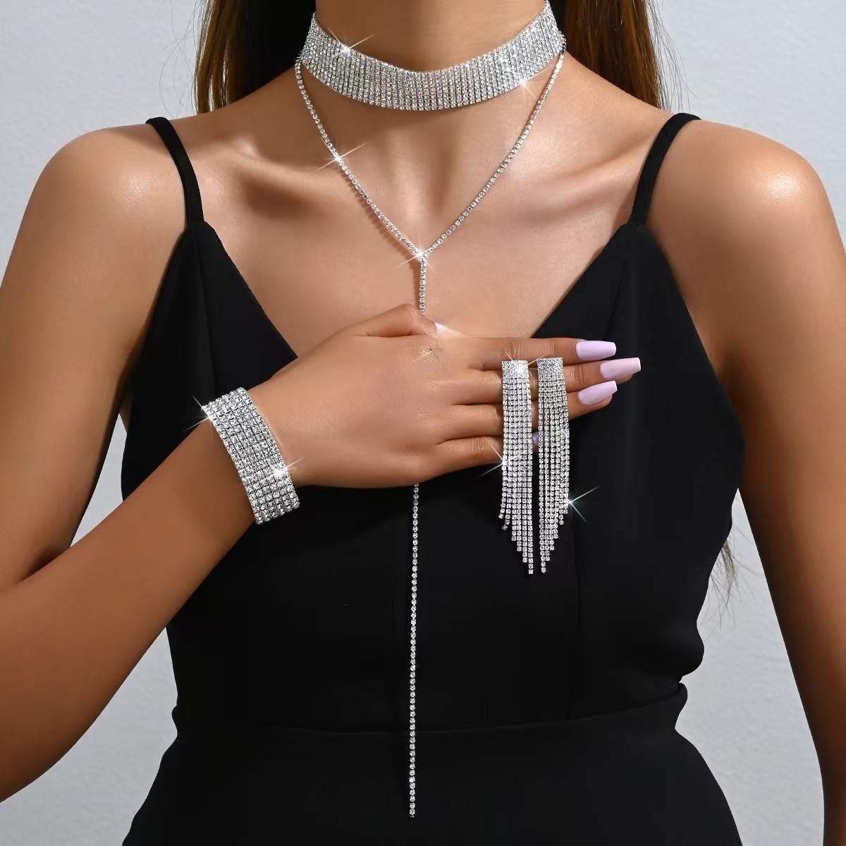 Picture of Europe and the United States luxury personality exaggerated jewelry bundle neck multi-layer necklace earrings bracelet ring suit full diamond jewelry wholesale