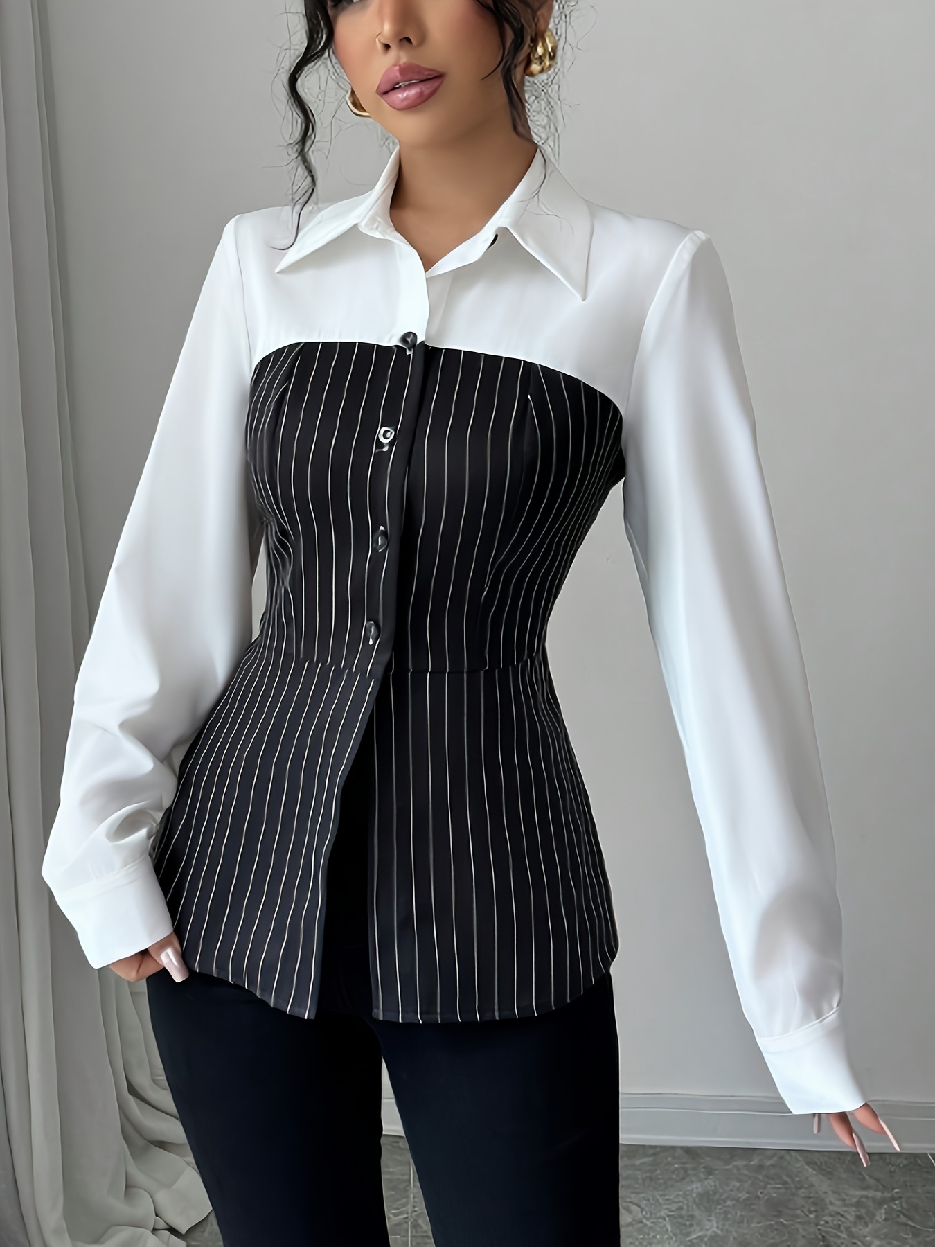 in stock 2024 Amazon Fall/Winter New Cross-border European and American Shirt Collar Single-breasted Stitching Striped Shirt