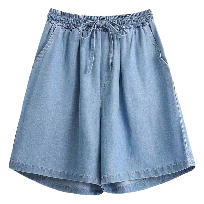 Tencel Denim Shorts Women's Summer New Thin Ice Silk Casual Five-point Loose Wide-leg High Waist A- line Hot Pants Large Size