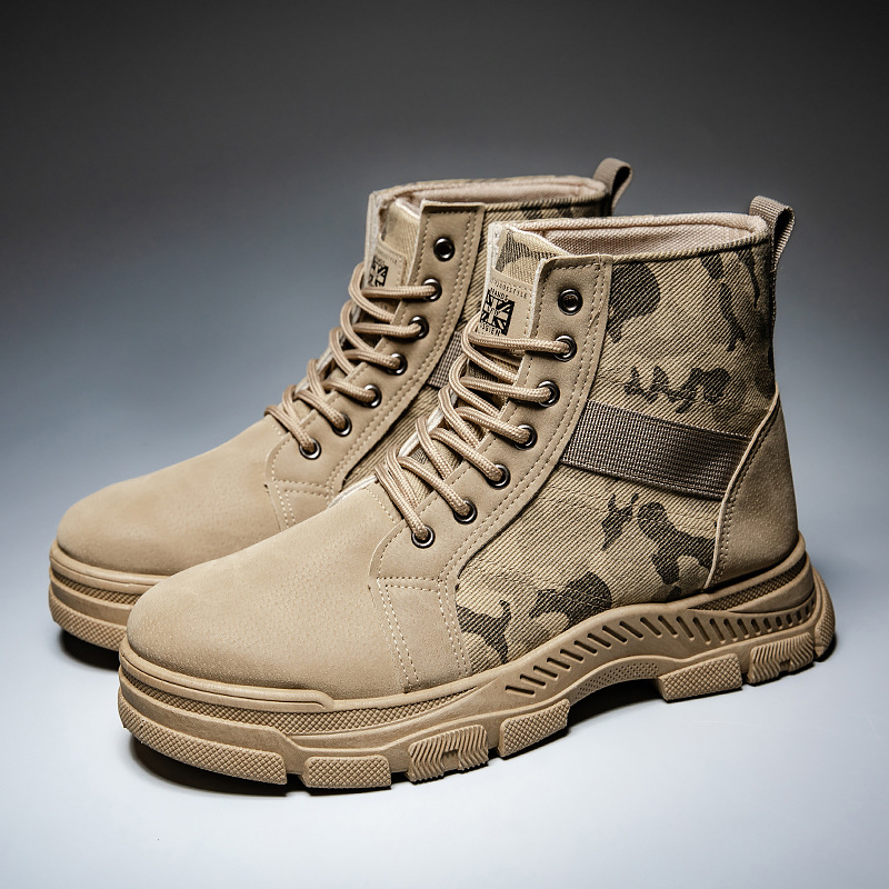 Camouflage Canvas Boots Men's High-Top Autumn and Winter Workwear Rhubarb Boots Mid-Top Men's Shoes Western Cowboy Boots