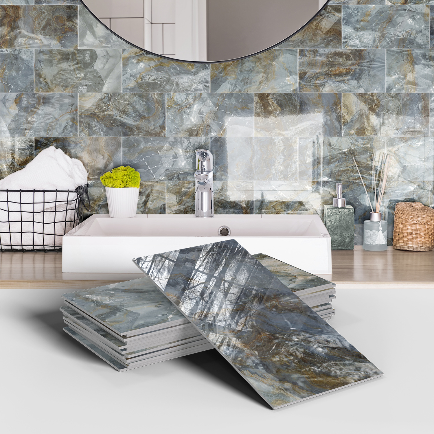 Picture of Crystal Marble Tile Wall Stickers Thickened PET Waterproof Self-adhesive Wallpaper for Kitchen Living Room Wall Decoration Cross Border