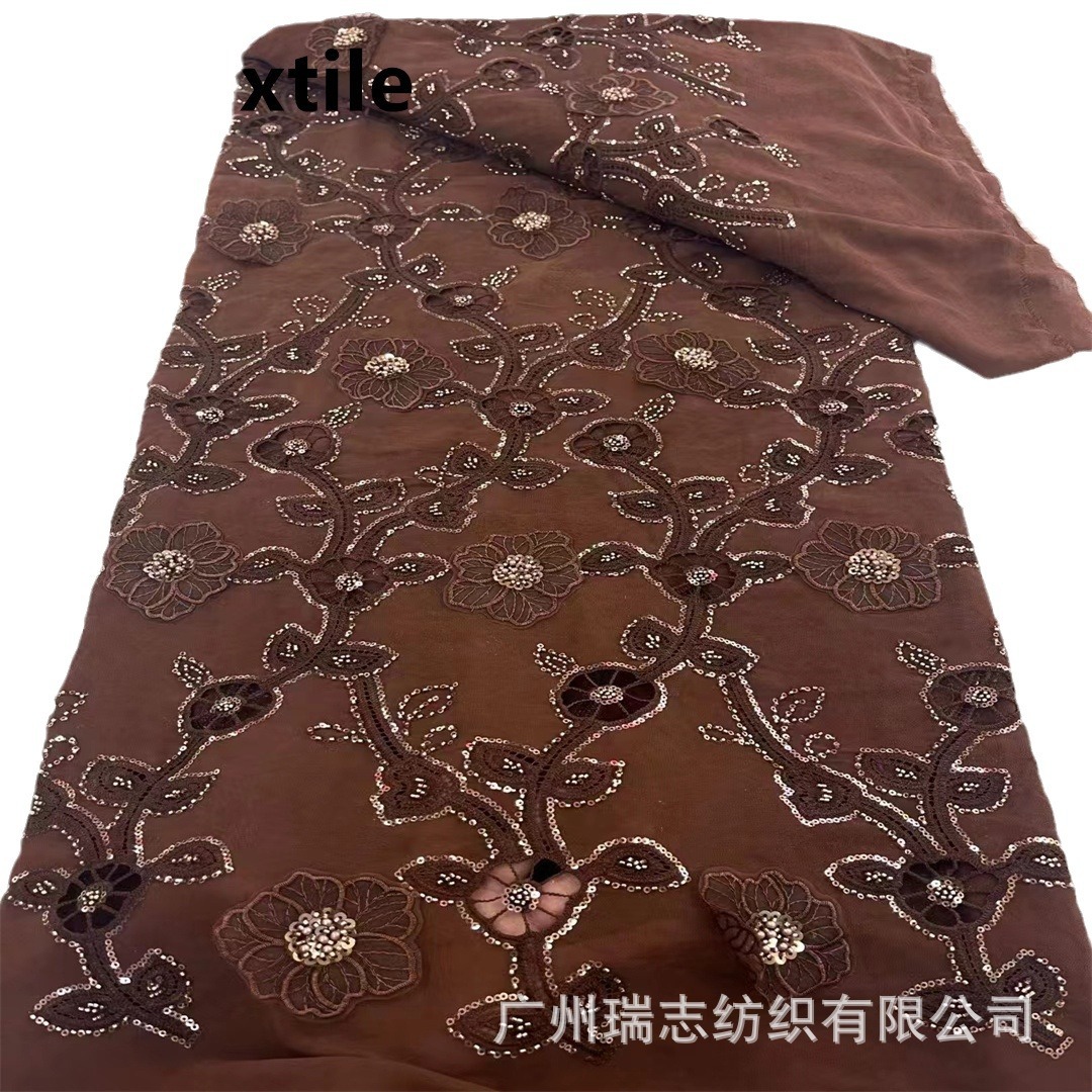 Picture of Wholesale African Cut Out Beaded Lace Fabric Evening Dress Sequin Embroidered Fabric African Sequins Lace