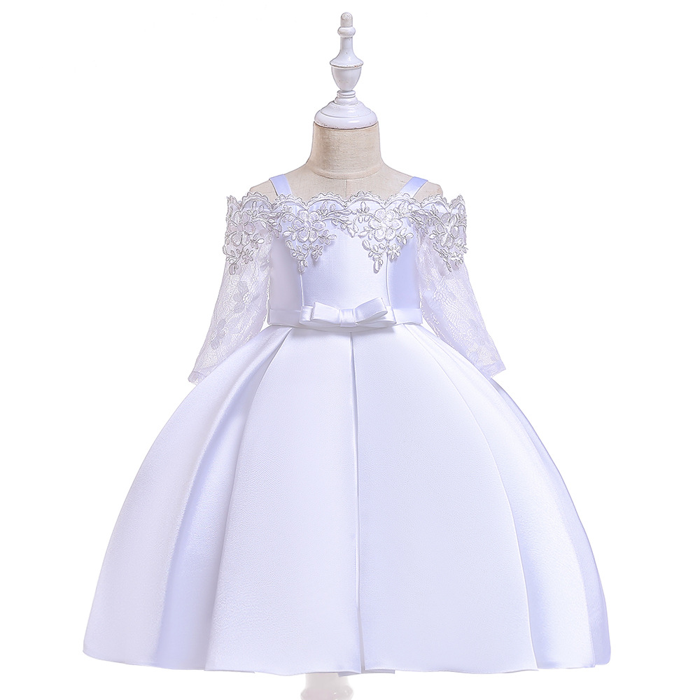 Picture of 2024 cross-border new girls' dress off-shoulder lace hollow-out long sleeve princess dress kids dress
