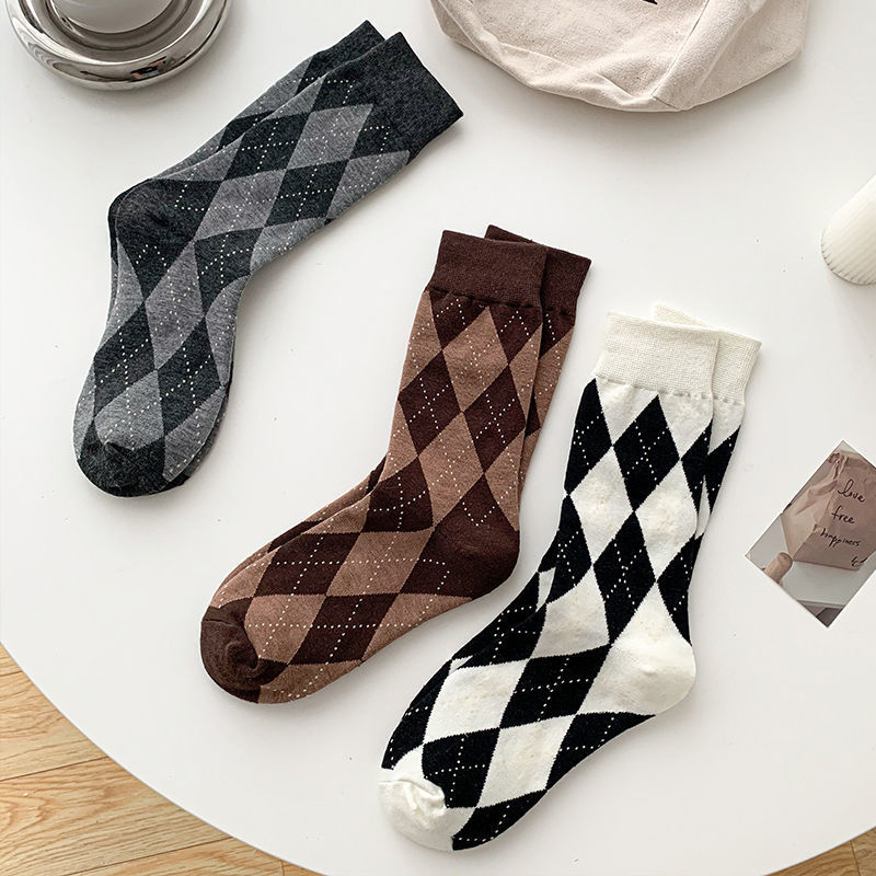 [Cotton Socks] Rhombus Socks Children's Autumn and Winter Mid-length Socks All-match Internet-famous Black and White Plaid Stocking Stocking Spring and Autumn