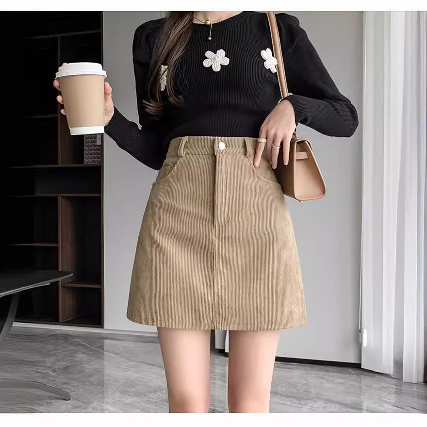 Small Xiangfeng Corduroy A- line Skirt Women's Fashionable Elegant brown High Waist Slimming Small A- line Short Skirt