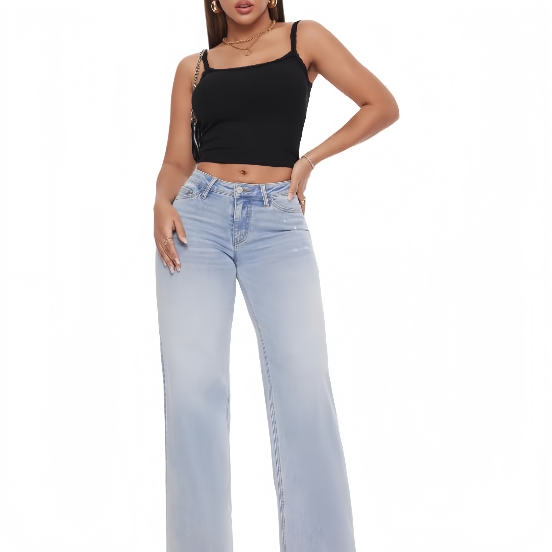 2025 Amazon Cross-border New Narrow Wide-leg Staggered Pants Mid-waist Hip Straight Loose Jeans for Women