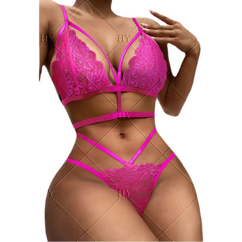 2021 New Hollow-out Perspective Sexy Underwear Multi-color Lace Three-point Strap Sexy Underwear suit Two-piece Set