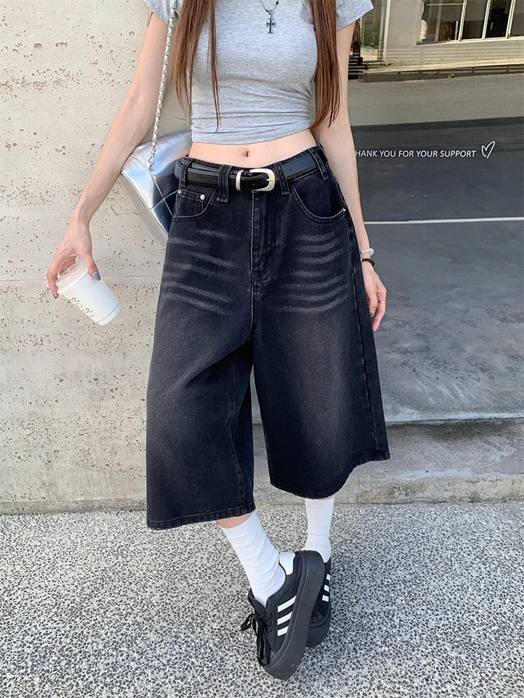 American Style Black Wide Leg Pants Capri Jeans Women's High Street Hot Girl Design Retro Washed Distressed Straight Pants