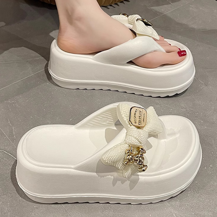 High-heeled Flip-flops Women's Summer Cute Bear Bow Platform Thick Bottom Beach Non-slip Outer Wear Flip-flops Sandals