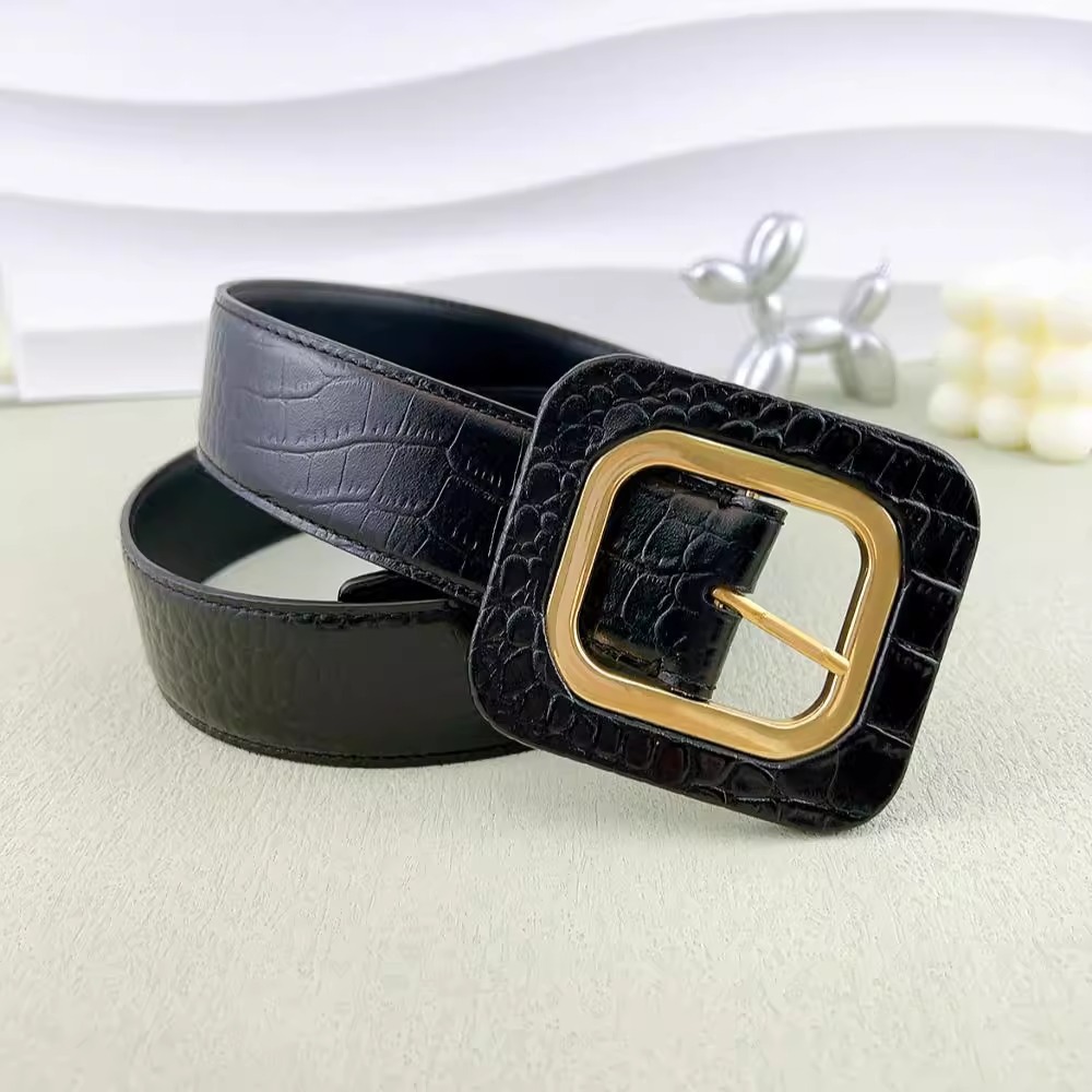 Genuine Leather Simple Square Pin Buckle Jeans Belt 2024 New Crocodile Pattern Top Layer Cowhide Women's Belt
