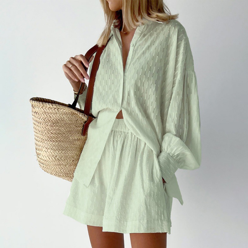 Picture of 2025 Amazon European and American Shirt Jacquard Bubble Sleeve Temperament Top Shorts Commuter Design Leisure suit