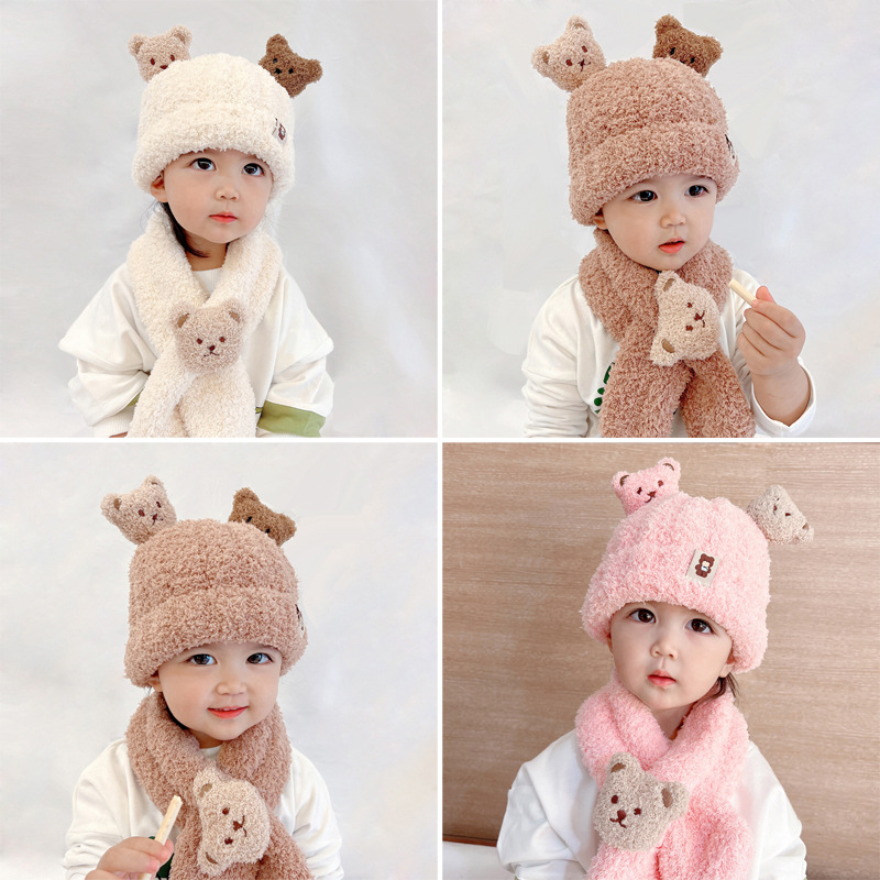 Bear plush baby hat autumn and winter men's baby scarf two-piece Children's female warm ear protection super cute