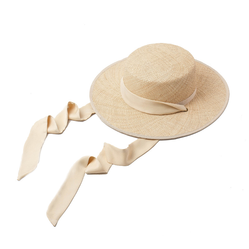Picture of Korean Style Spring and Summer New Flat Top Straw Hat with Strap Baocao Outdoor Travel Sun Protection Beach Flat Top Straw Hat