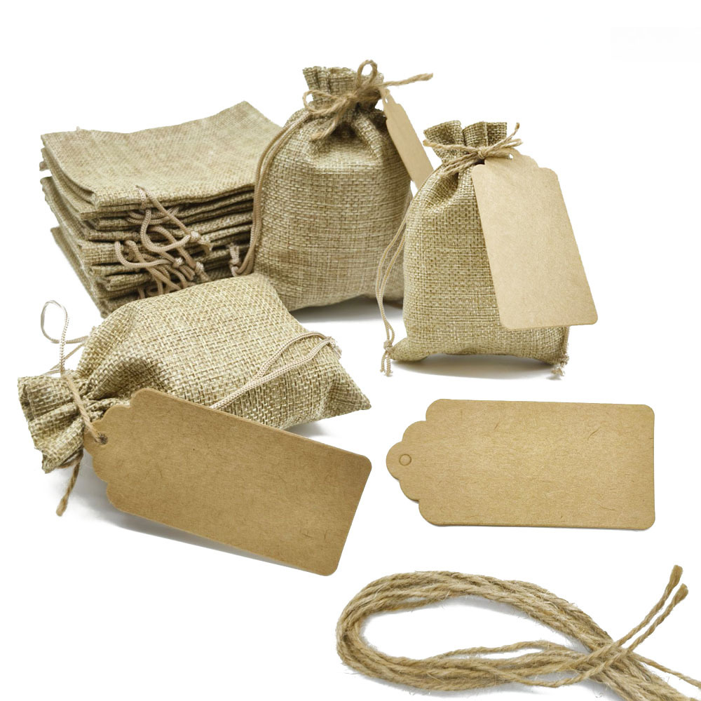 Cross border manufacturers blank linen bag in stock hot sale imitation linen drawstring sack wedding party gift bag with tag
