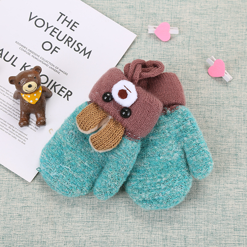 Picture of 0-3 years old cute ears bear cartoon children's gloves winter knitted wool double plus velvet padded warm