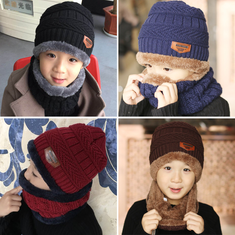 Picture of Korean version of children's wool hat winter boys and girls knitted velvet warm baby hat scarf two-piece wholesale