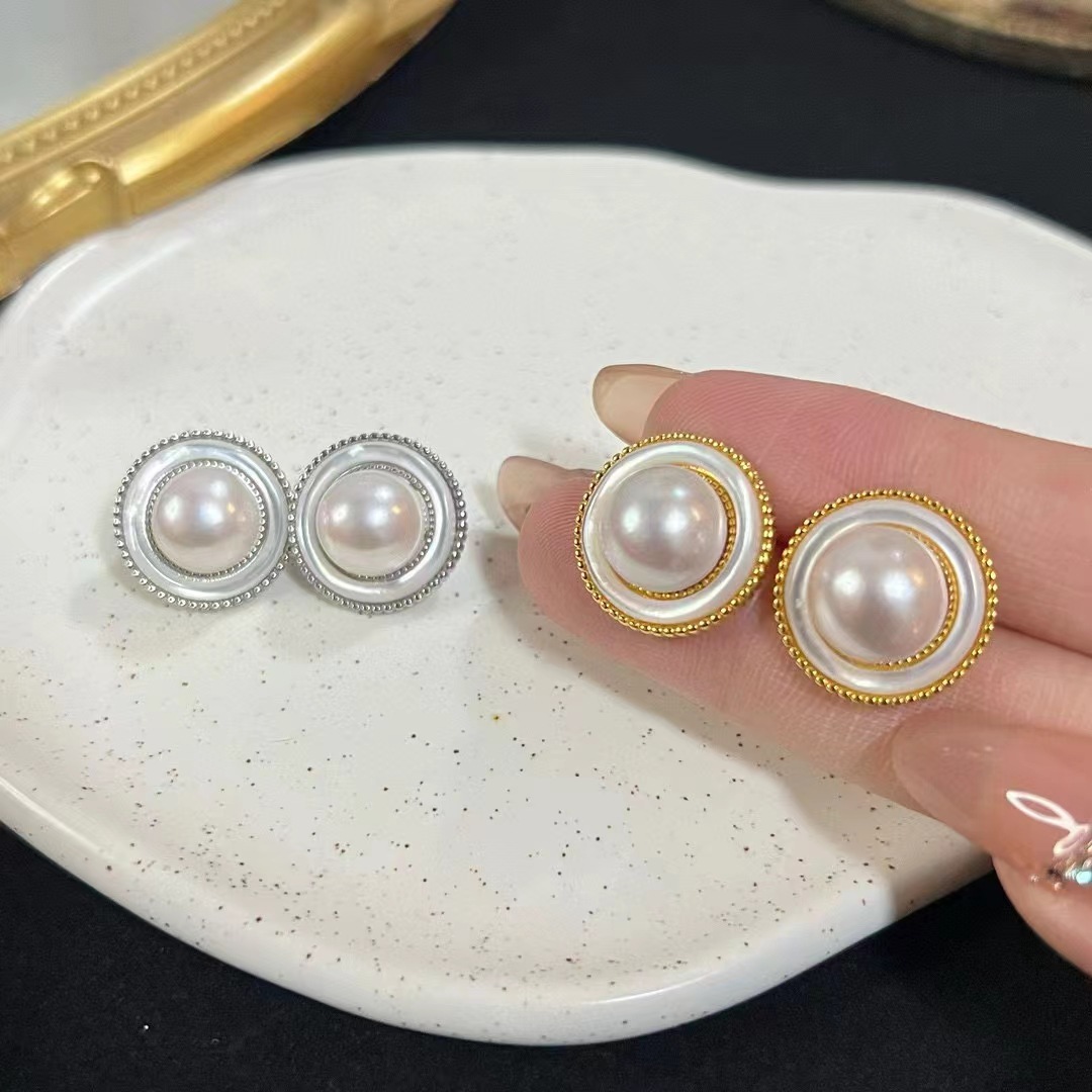 Zhuji Pearl Earrings S925 Sterling Silver Needle Fritillaria poached egg Pearl 9-10mm Earrings Earrings Wholesale Women