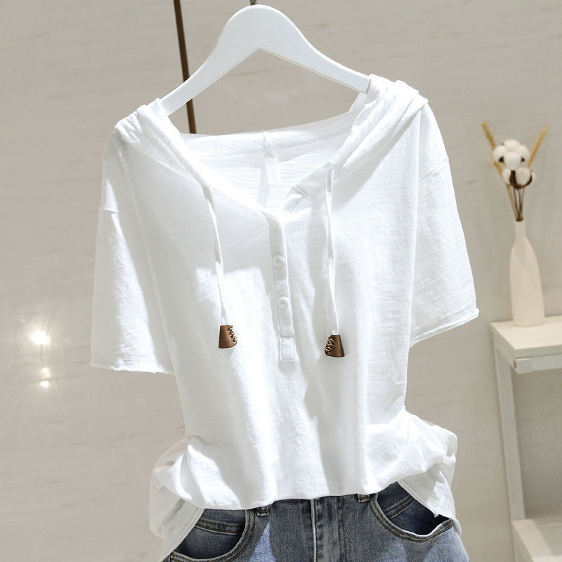 Special Offer Cotton Hooded Short-Sleeved T-Shirt for Women 2025 Spring and Summer New Loose Slimming Look Versatile Pullover Top K-Style